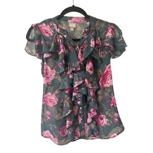 Converse One Star Floral Blouse Pink Roses over Green Flutter Sleeve Teal XS